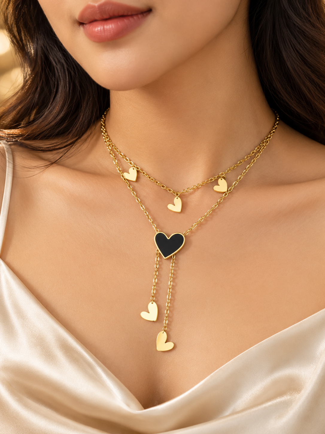 Black Heart Layered Gold-Plated Necklace