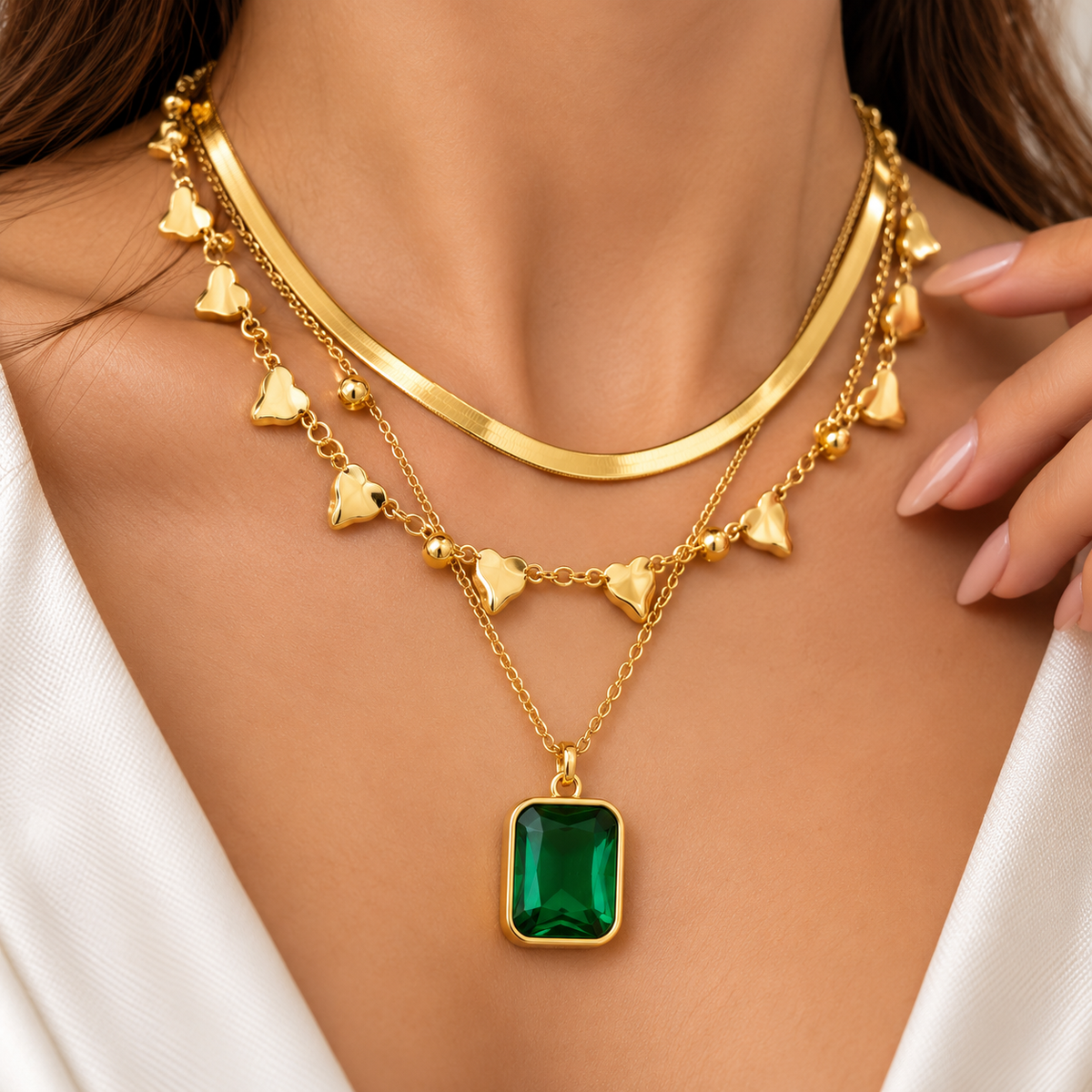 Serena Layered Gold Green Stone Necklace