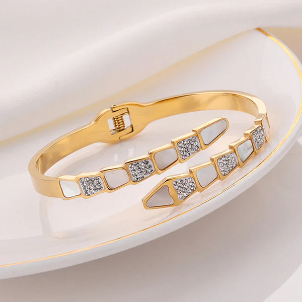 "Mother of Pearl Snake Styled AD Studded" Bracelet- 18K Premium Gold Plated