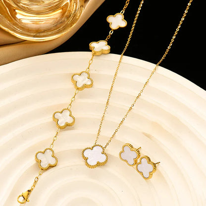 'White Anti Tarnish Clover" Jewellery Set- 18K Premium Gold Plated