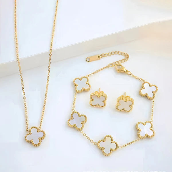'White Anti Tarnish Clover" Jewellery Set- 18K Premium Gold Plated