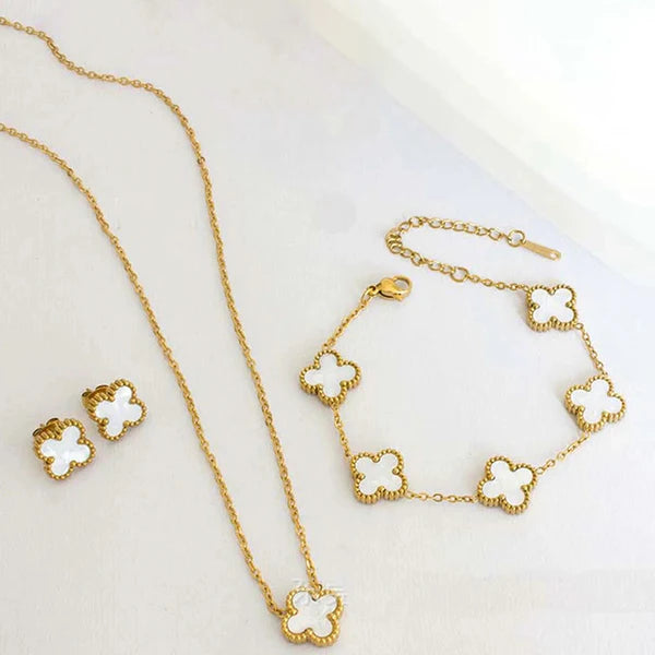 'White Anti Tarnish Clover" Jewellery Set- 18K Premium Gold Plated