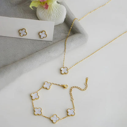 'White Anti Tarnish Clover" Jewellery Set- 18K Premium Gold Plated