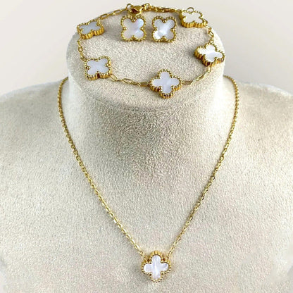 'White Anti Tarnish Clover" Jewellery Set- 18K Premium Gold Plated