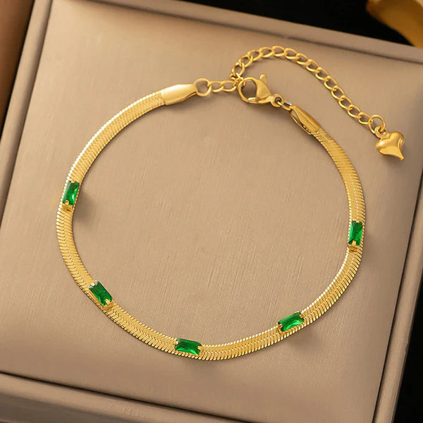 "Snake Chain Green Emerald Studded Wraparound" Bracelet- 18K Premium Gold Plated