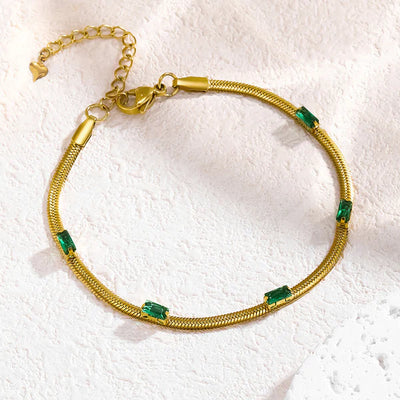 "Snake Chain Green Emerald Studded Wraparound" Bracelet- 18K Premium Gold Plated