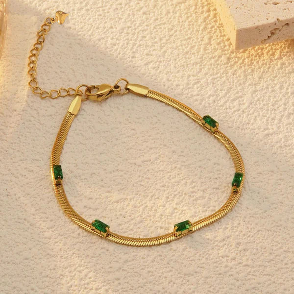 "Snake Chain Green Emerald Studded Wraparound" Bracelet- 18K Premium Gold Plated