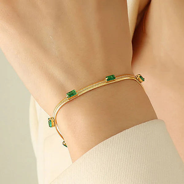 "Snake Chain Green Emerald Studded Wraparound" Bracelet- 18K Premium Gold Plated