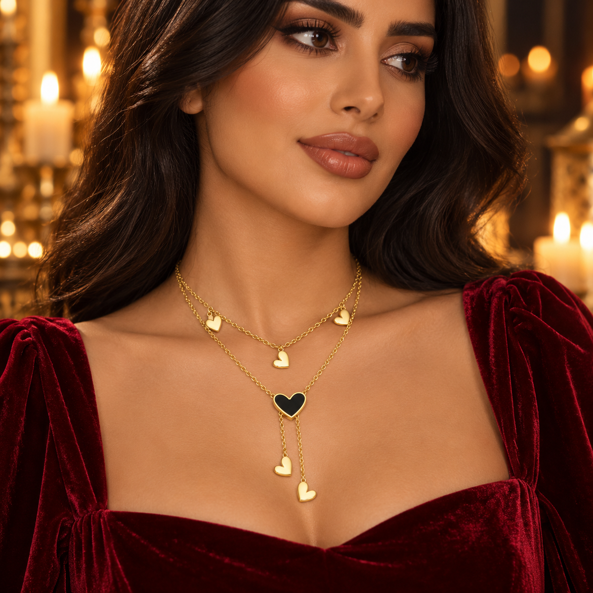 Black Heart Layered Gold-Plated Necklace