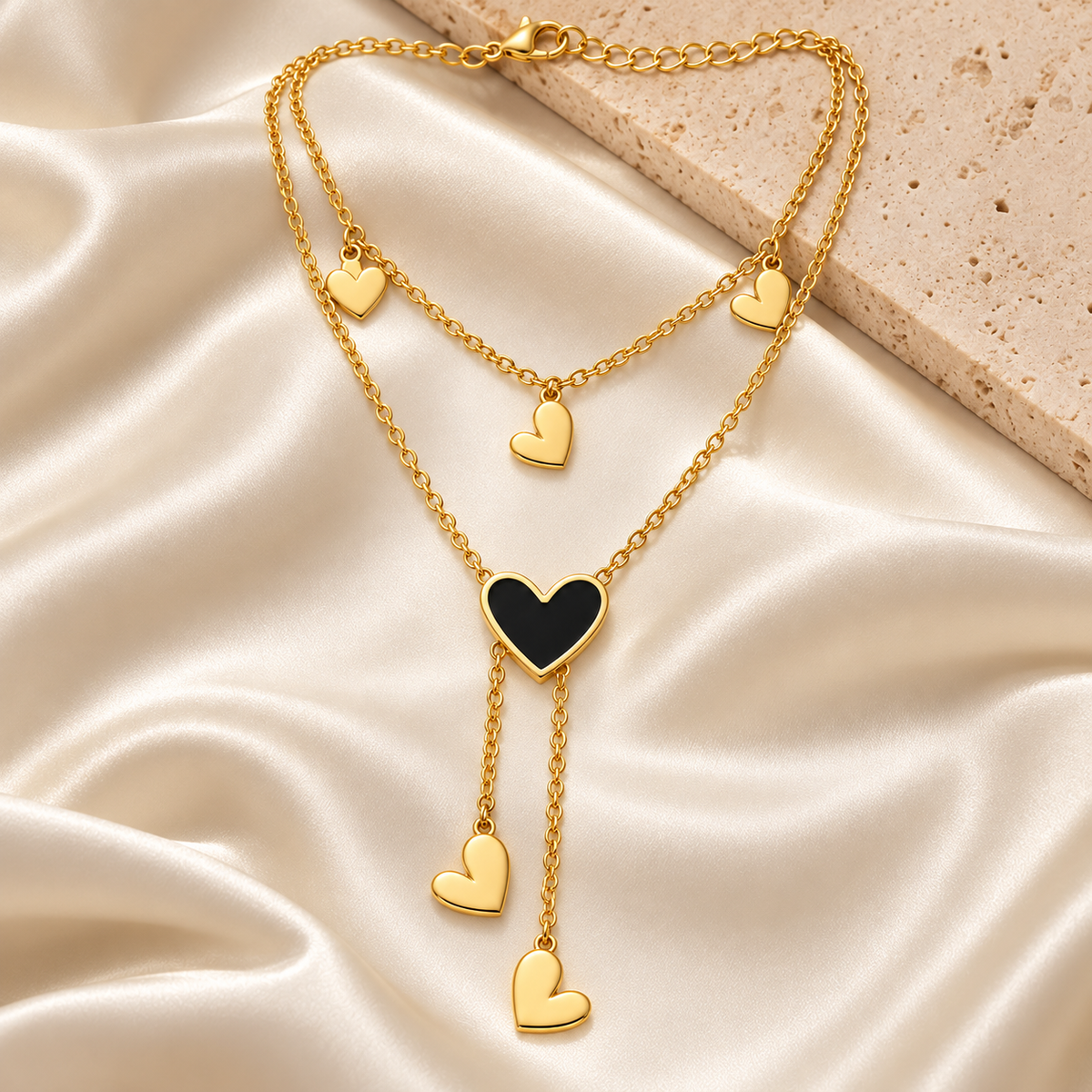 Black Heart Layered Gold-Plated Necklace