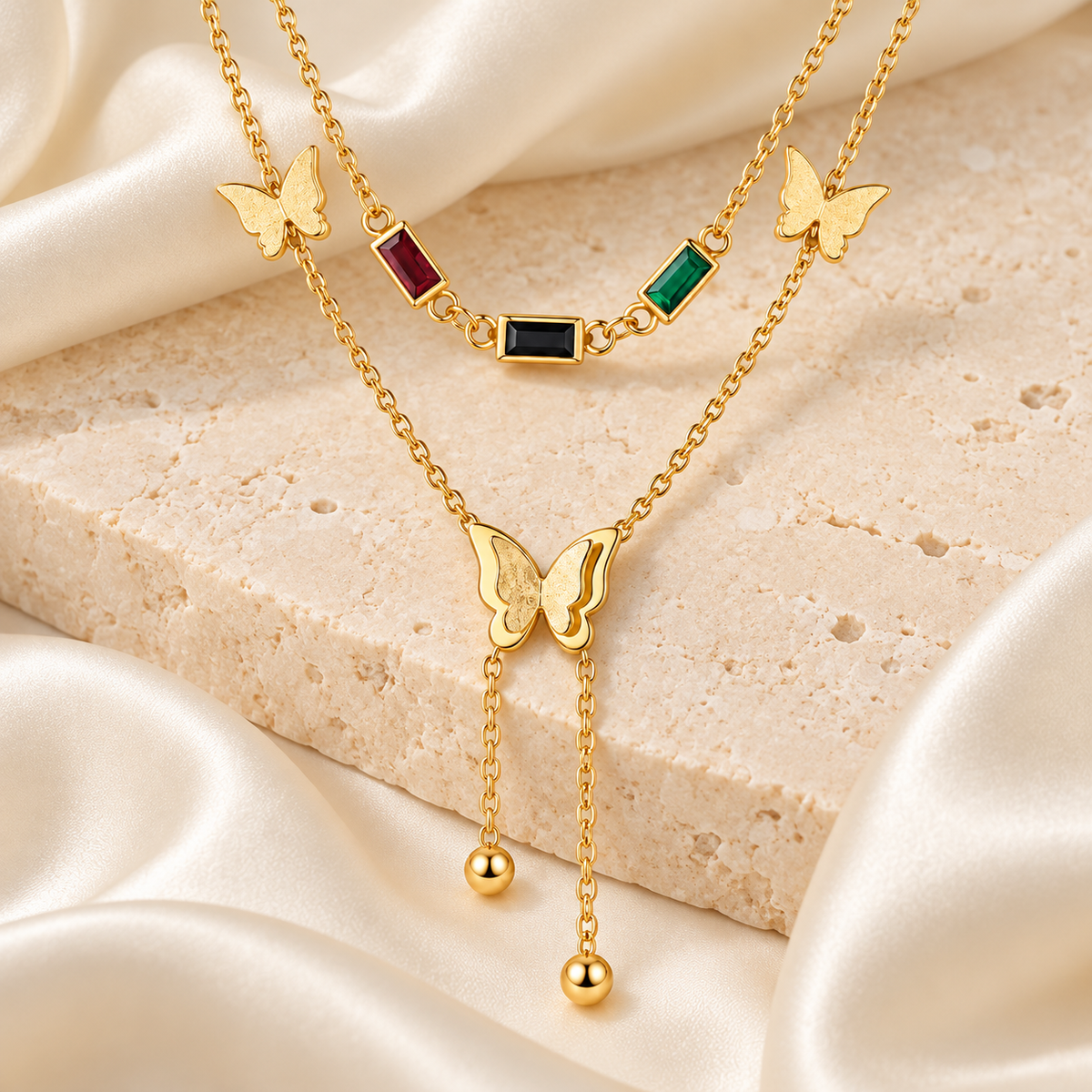Multicolour Stone Butterfly Layered Gold-Plated Necklace