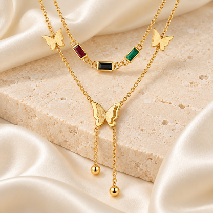 Multicolour Stone Butterfly Layered Gold-Plated Necklace