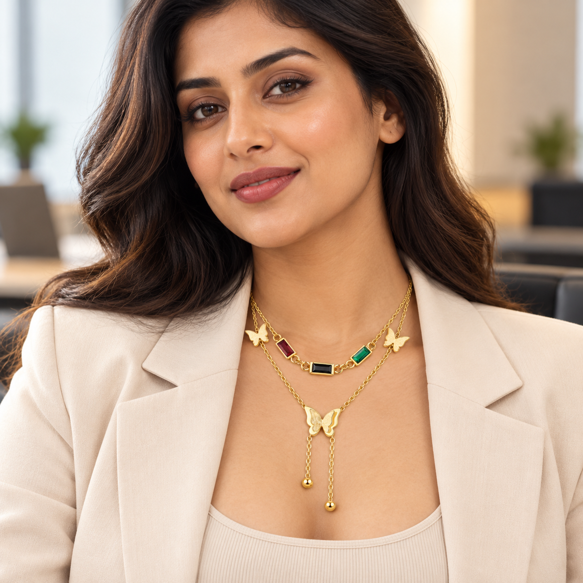 Multicolour Stone Butterfly Layered Gold-Plated Necklace