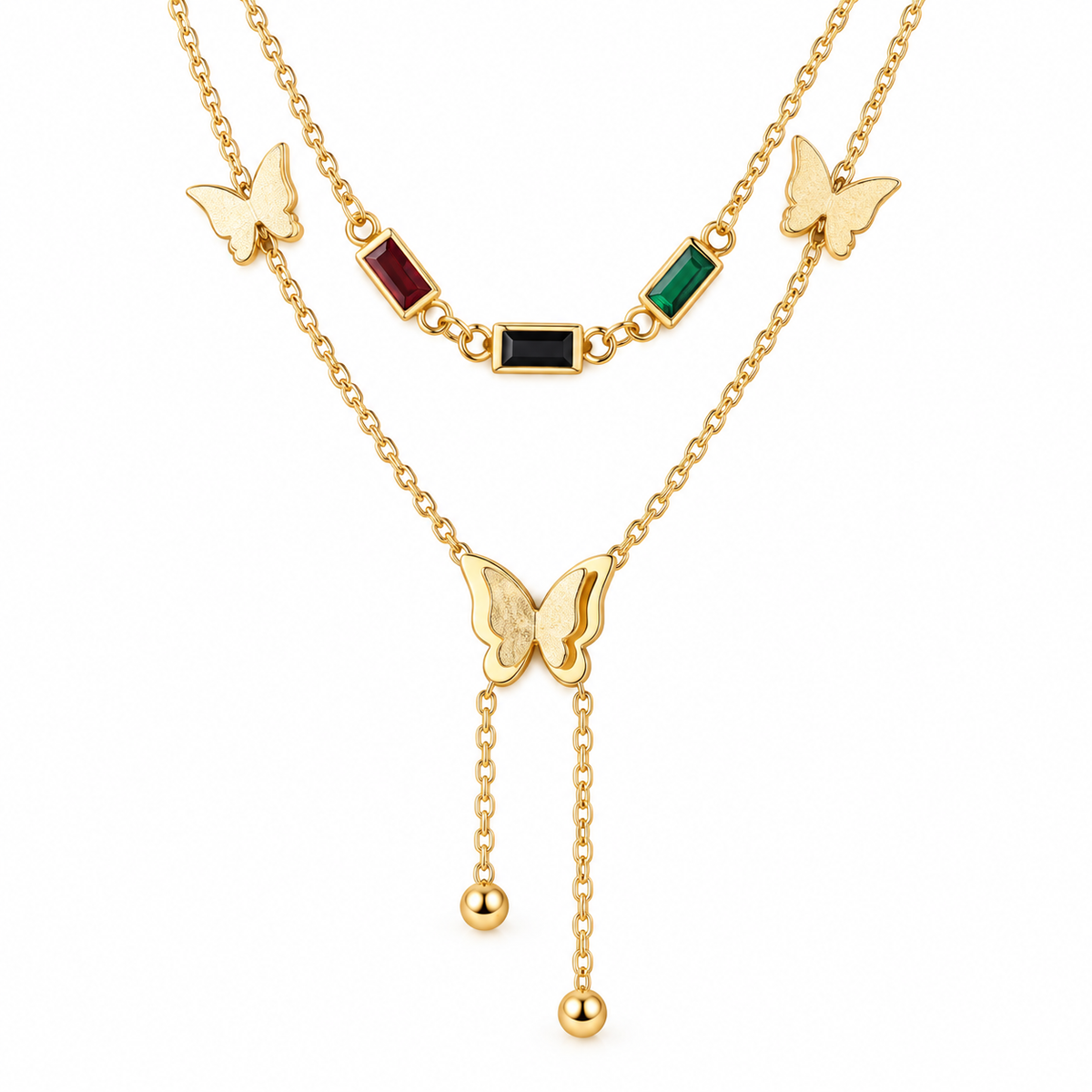 Multicolour Stone Butterfly Layered Gold-Plated Necklace