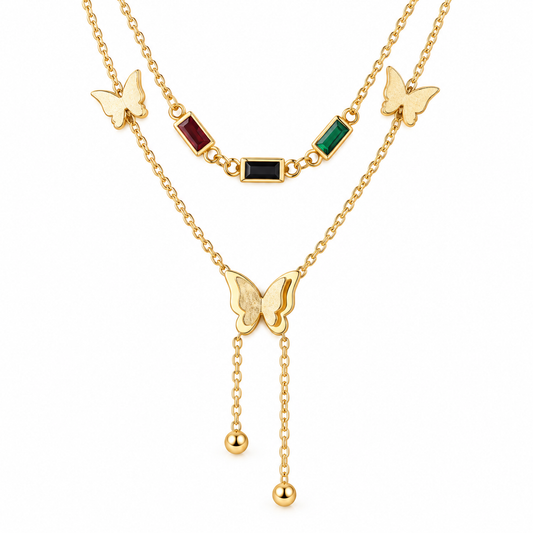 Multicolour Stone Butterfly Layered Gold-Plated Necklace