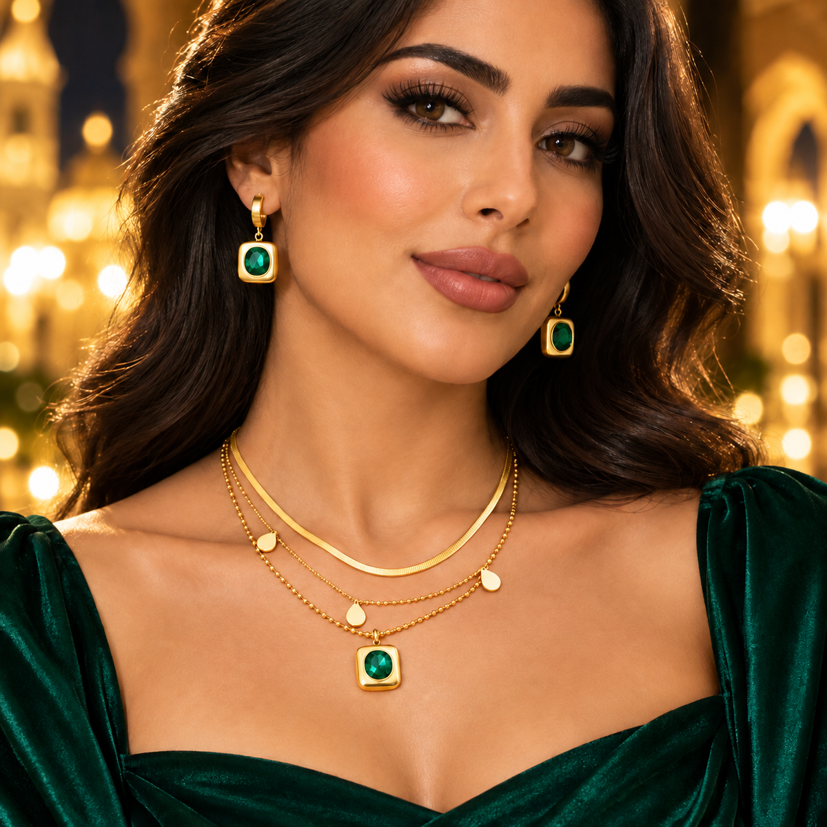 Aveline Emerald-Tone Gold Necklace & Earrings Set