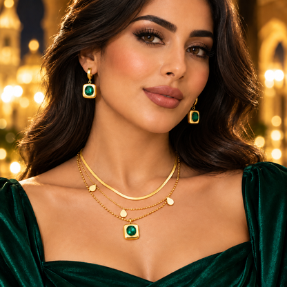 Aveline Emerald-Tone Gold Necklace &amp; Earrings Set