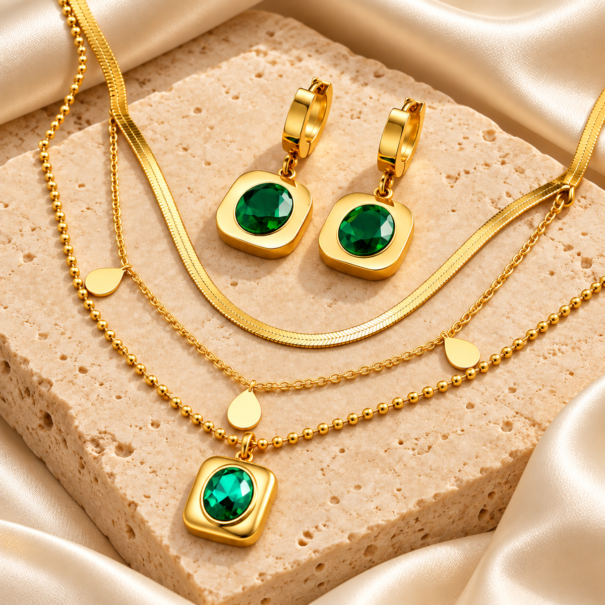 Aveline Emerald-Tone Gold Necklace & Earrings Set