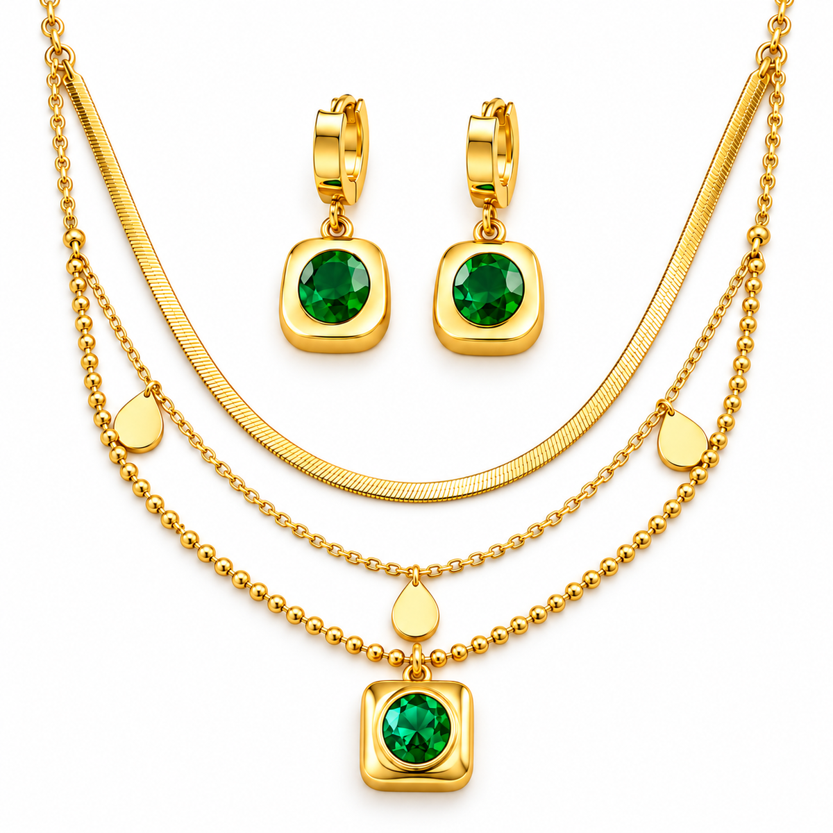 Aveline Emerald-Tone Gold Necklace &amp; Earrings Set