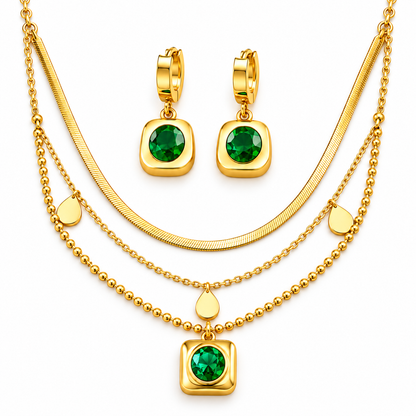 Aveline Emerald-Tone Gold Necklace &amp; Earrings Set