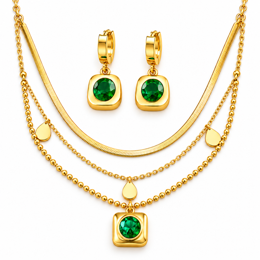 Aveline Emerald-Tone Gold Necklace & Earrings Set