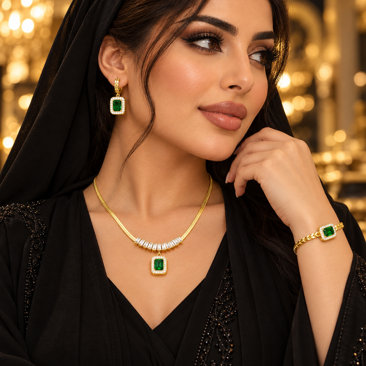 Eliana Emerald-Tone Gold Necklace &amp; Earrings Set