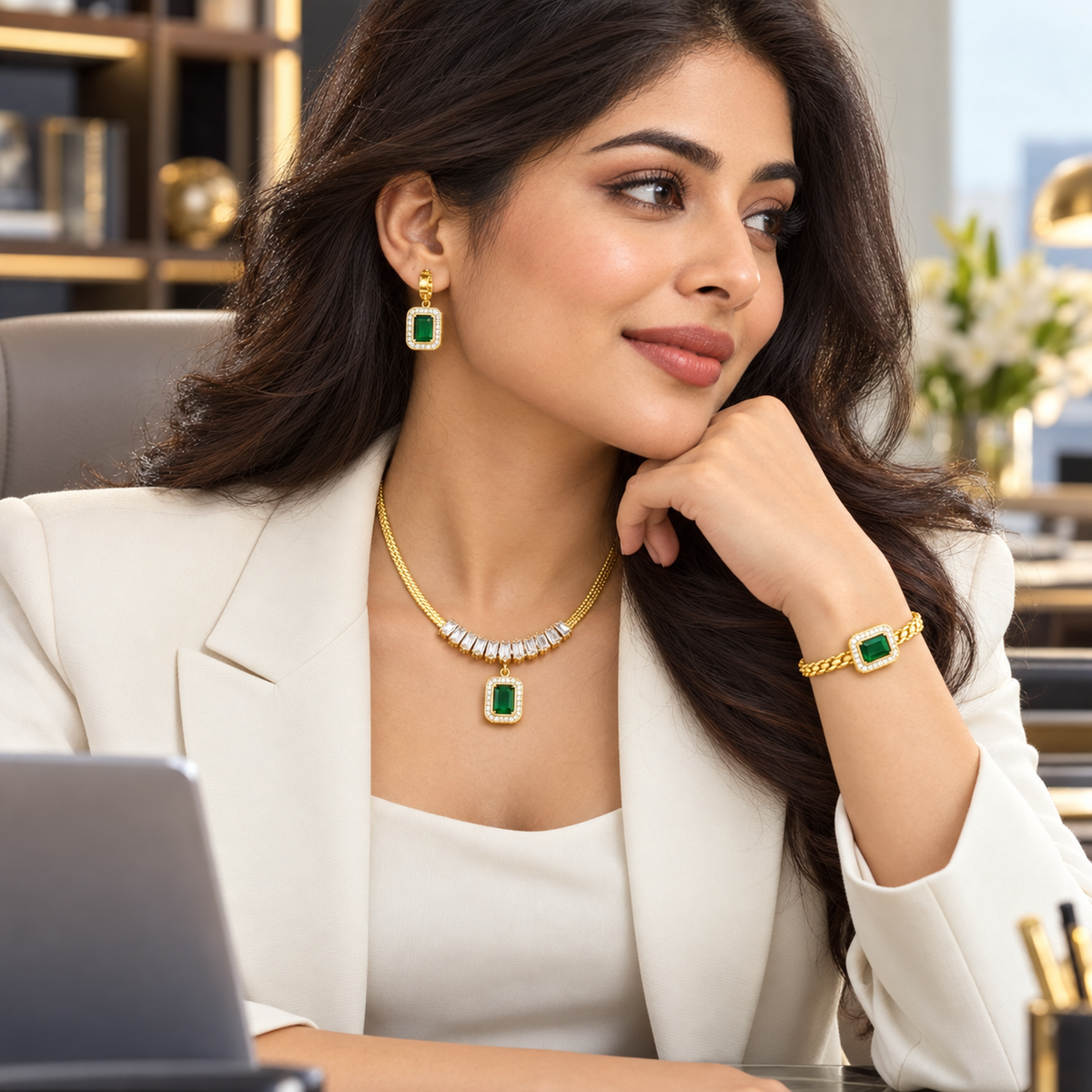 Eliana Emerald-Tone Gold Necklace & Earrings Set