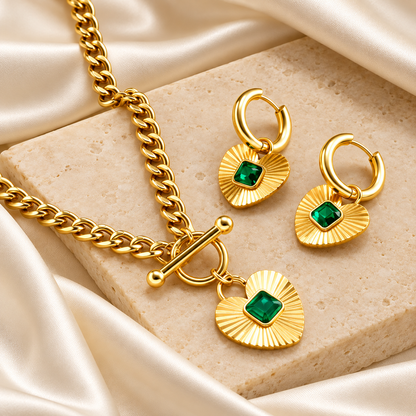 Emerald Heart Pendant Necklace &amp; Earrings Set