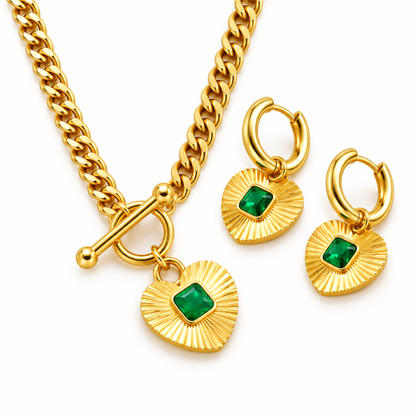 Emerald Heart Pendant Necklace &amp; Earrings Set