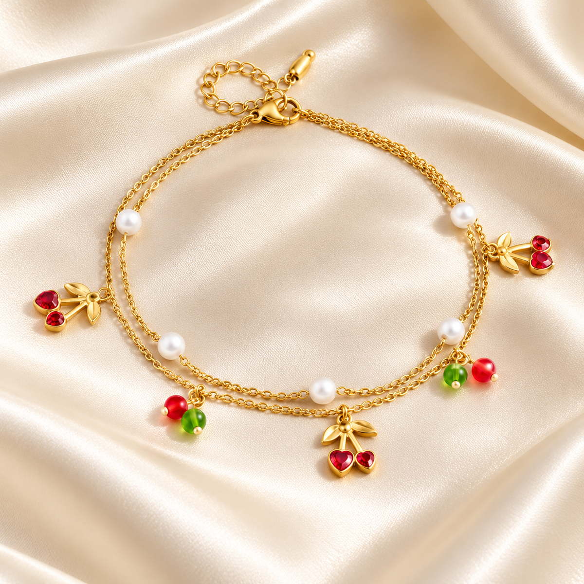 Cherry Blossom Gold Anklet – Double Chain, Cherry Charms &amp; Pearl Accents
