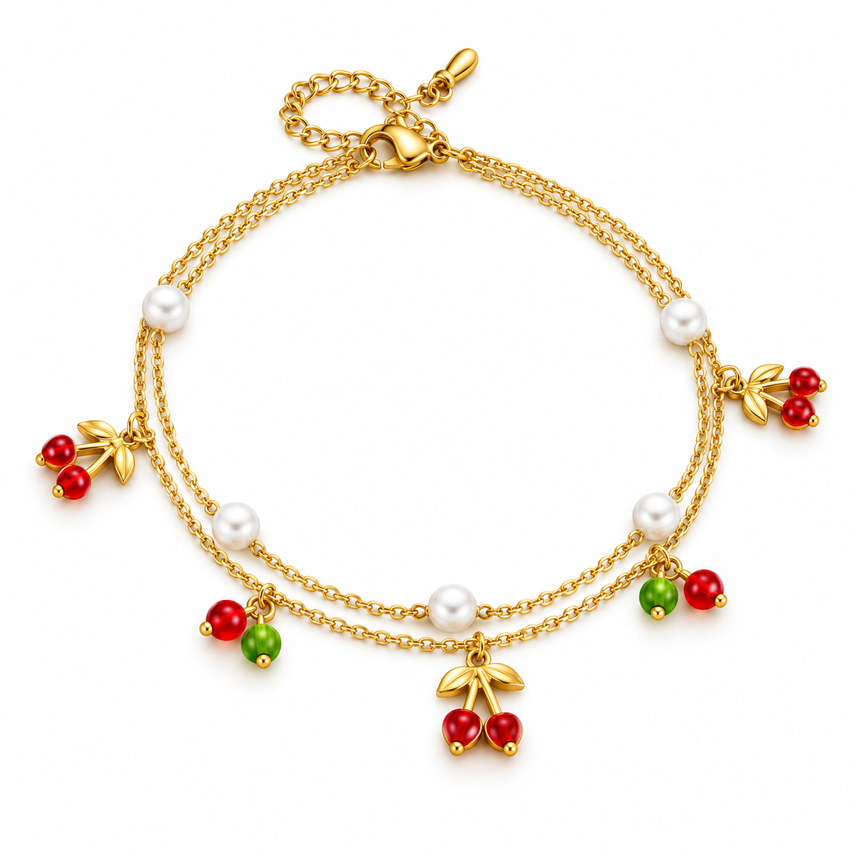 Cherry Blossom Gold Anklet – Double Chain, Cherry Charms &amp; Pearl Accents