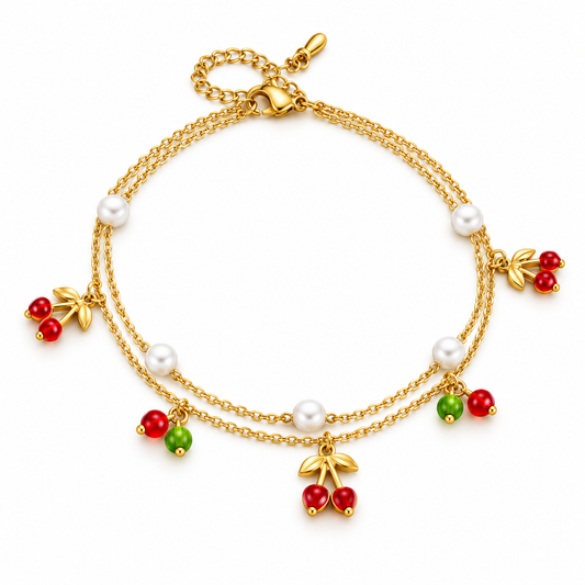 Cherry Blossom Gold Anklet – Double Chain, Cherry Charms & Pearl Accents