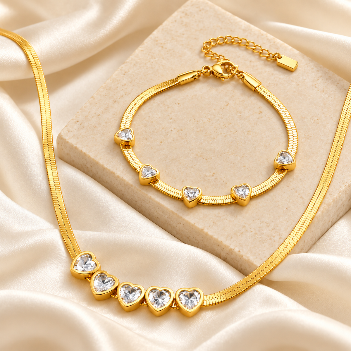 Heartline Crystal Gold Necklace &amp; Bracelet Set