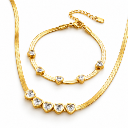 Heartline Crystal Gold Necklace &amp; Bracelet Set
