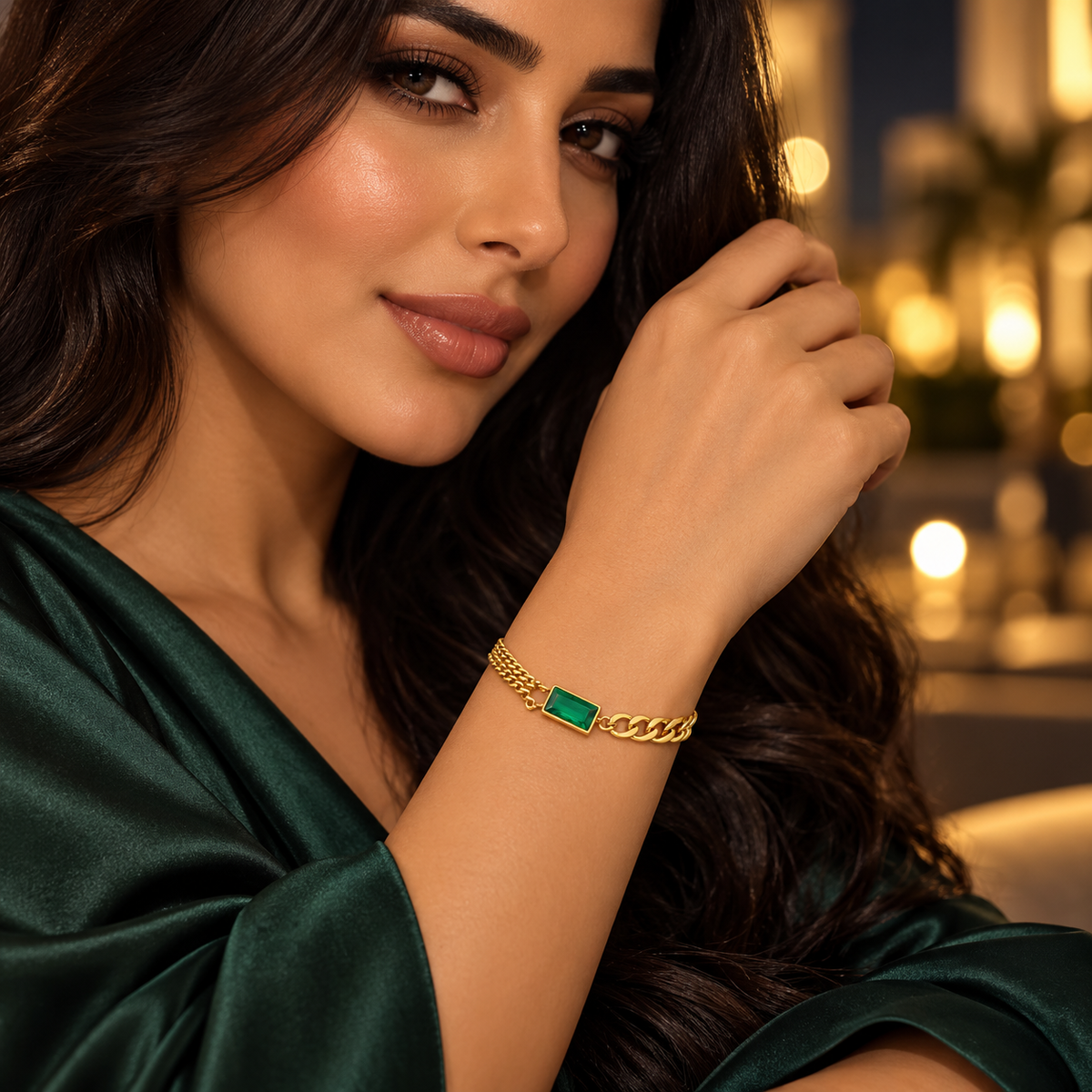 Emerald Green Stone Gold-Plated Chain Bracelet