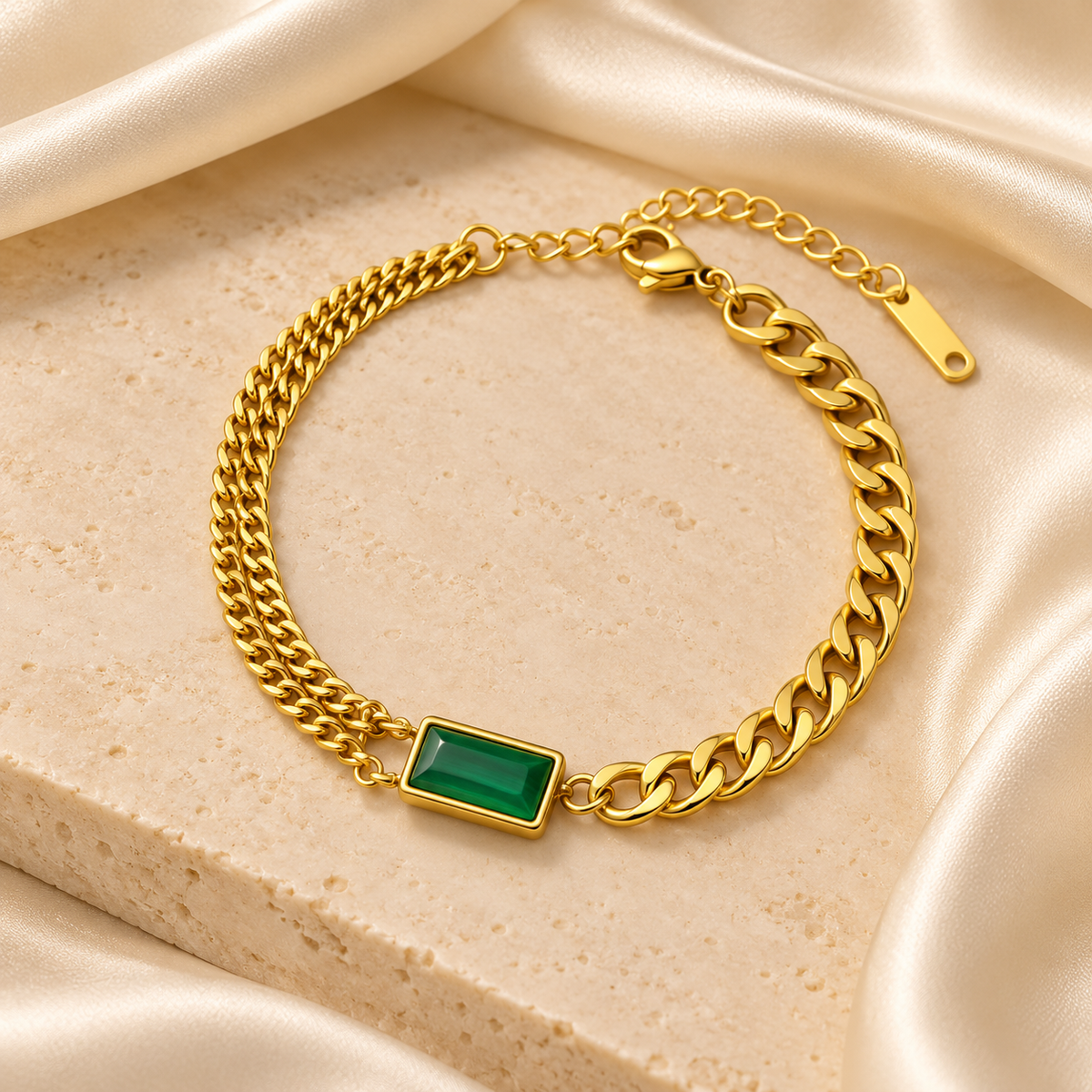 Emerald Green Stone Gold-Plated Chain Bracelet