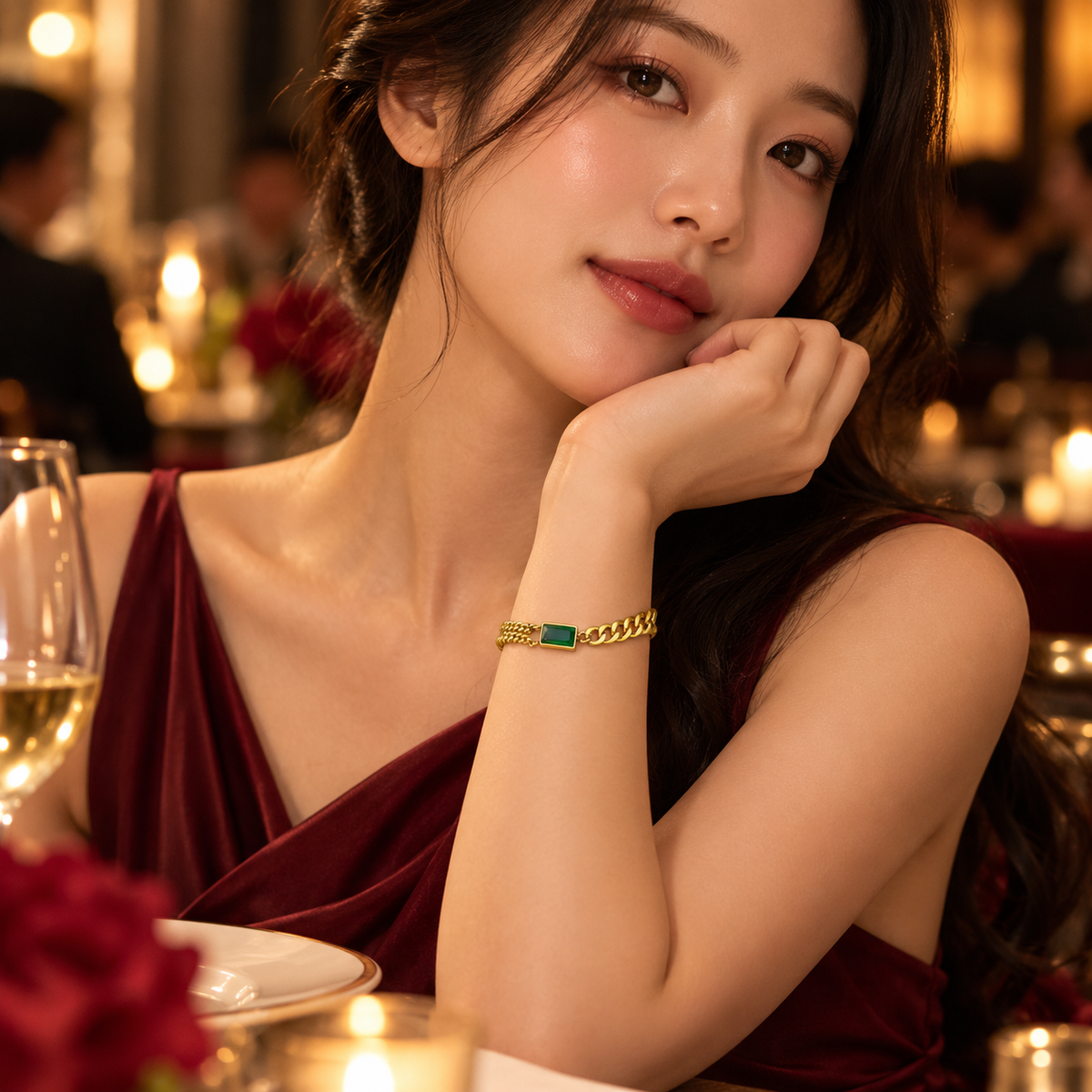 Emerald Green Stone Gold-Plated Chain Bracelet