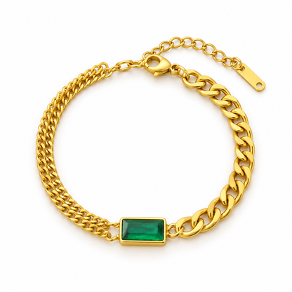 Emerald Green Stone Gold-Plated Chain Bracelet