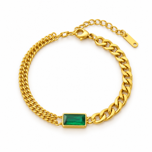 Emerald Green Stone Gold-Plated Chain Bracelet