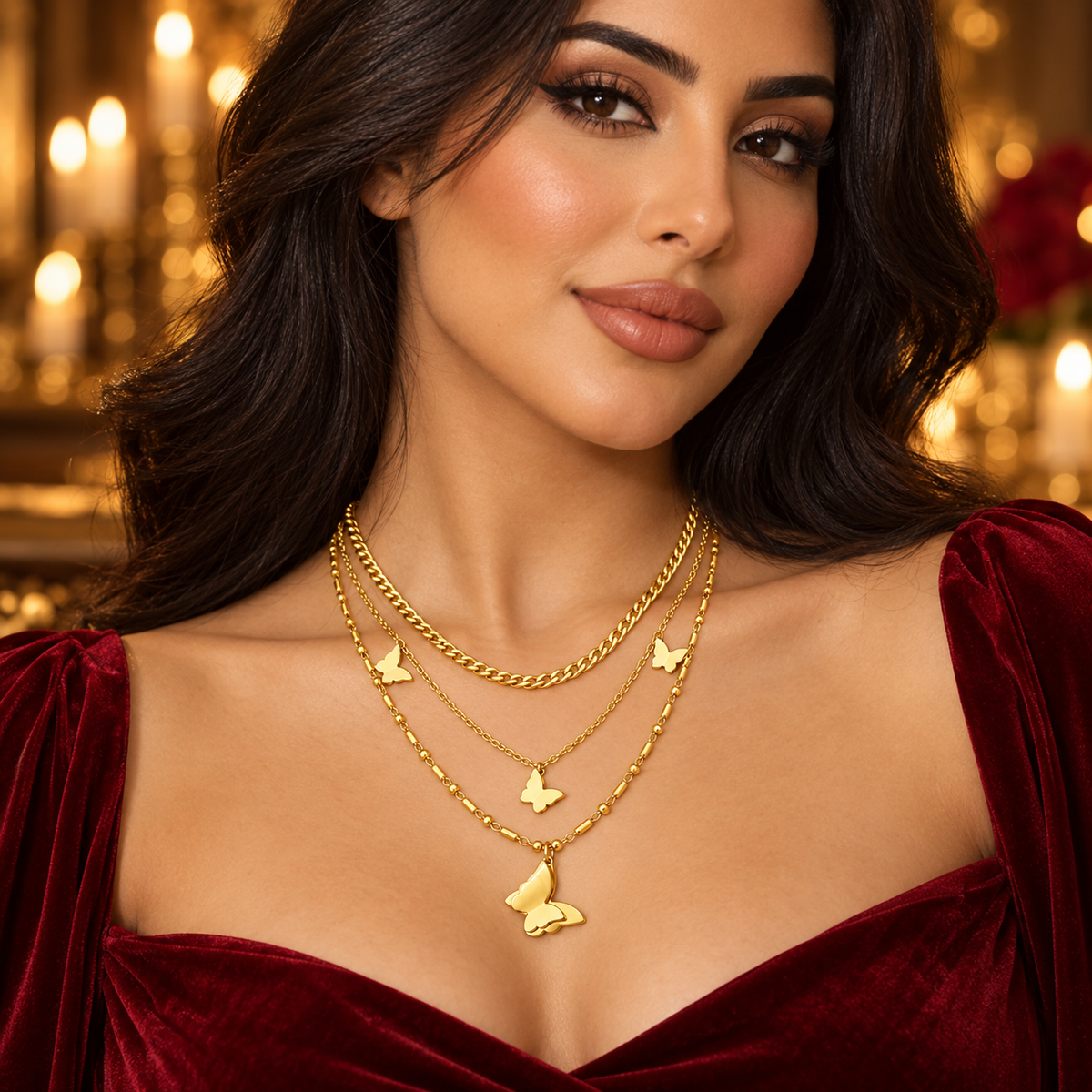 Layered Butterfly Charm Gold-Plated Necklace