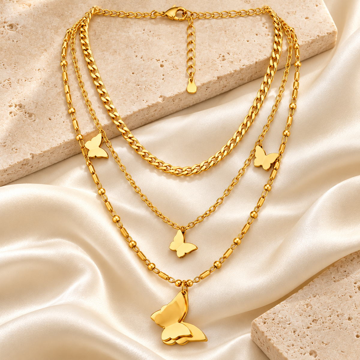 Layered Butterfly Charm Gold-Plated Necklace
