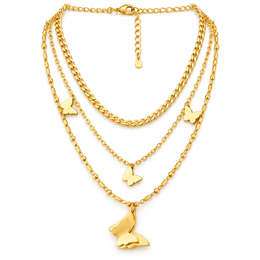 Layered Butterfly Charm Gold-Plated Necklace