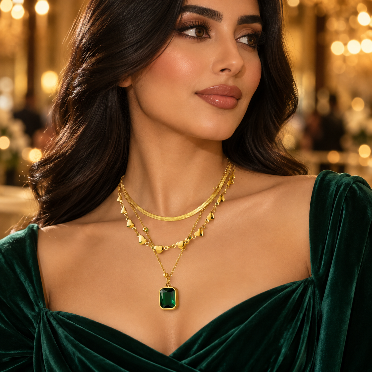 Serena Layered Gold Green Stone Necklace