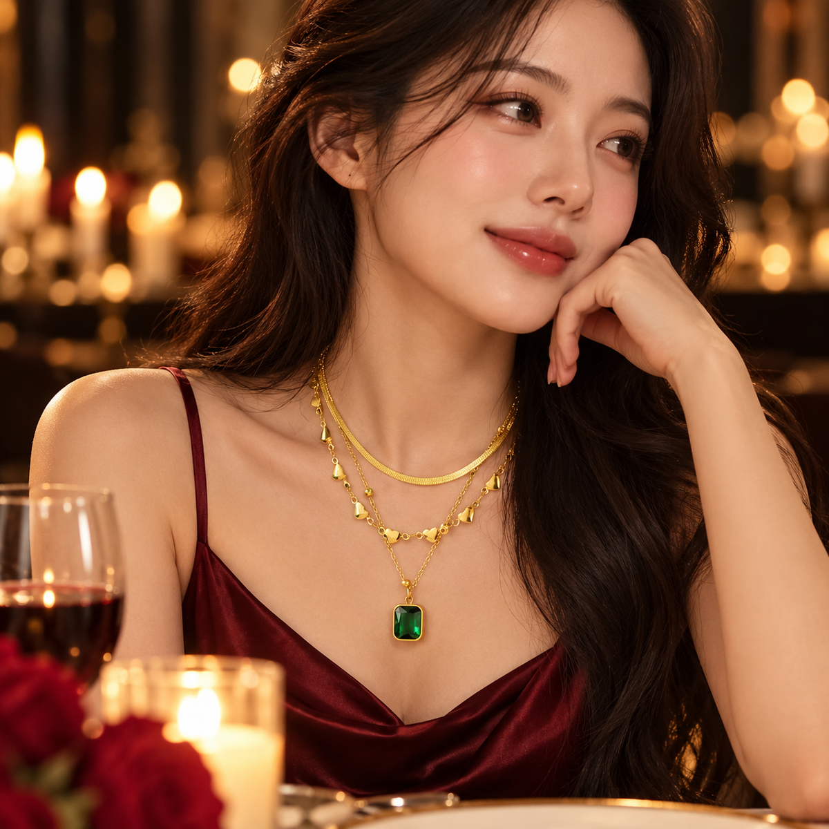 Serena Layered Gold Green Stone Necklace