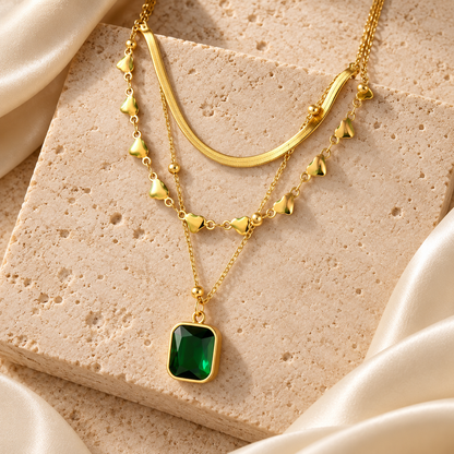 Serena Layered Gold Green Stone Necklace