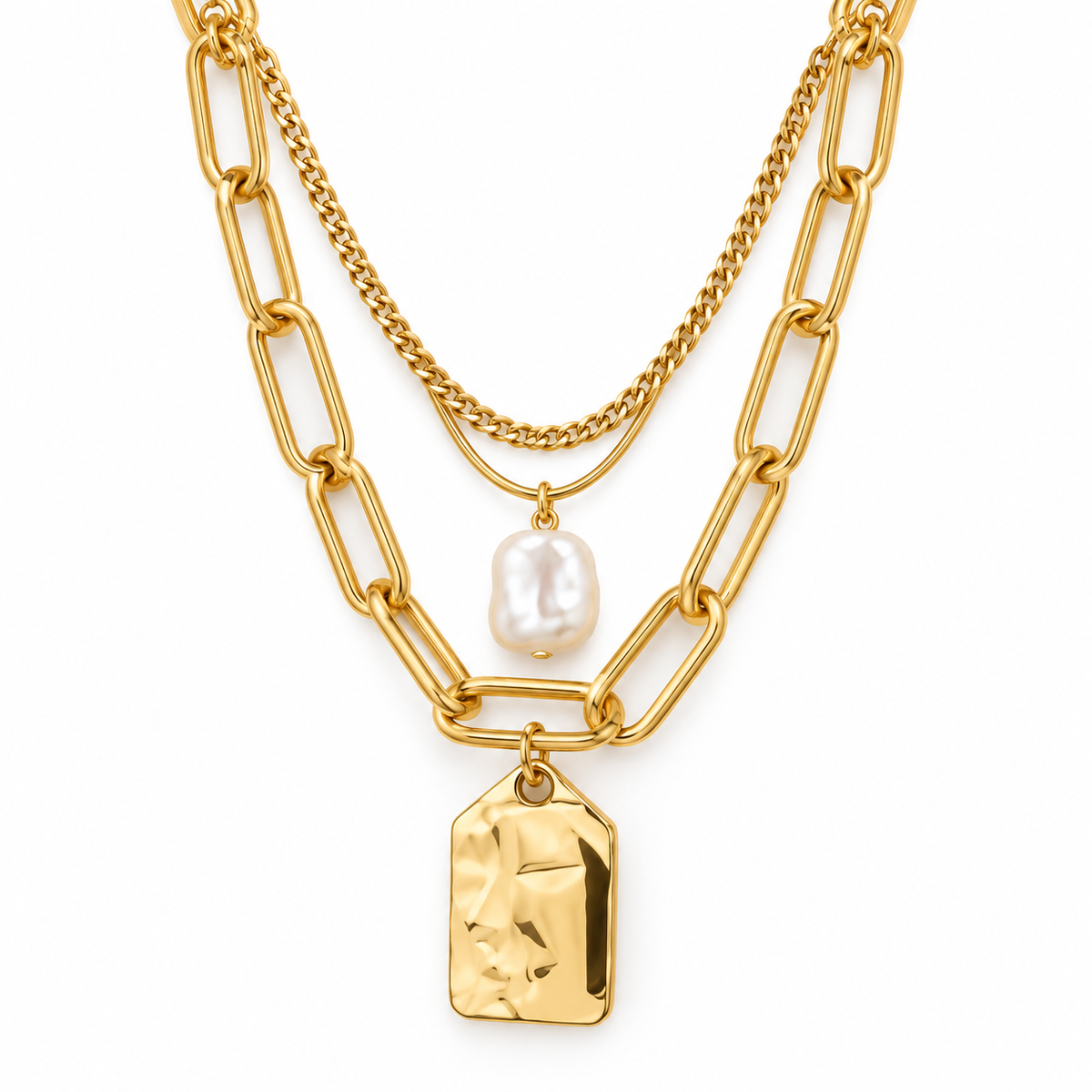 Luna Layered Gold Pearl Tag Necklace
