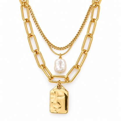 Luna Layered Gold Pearl Tag Necklace