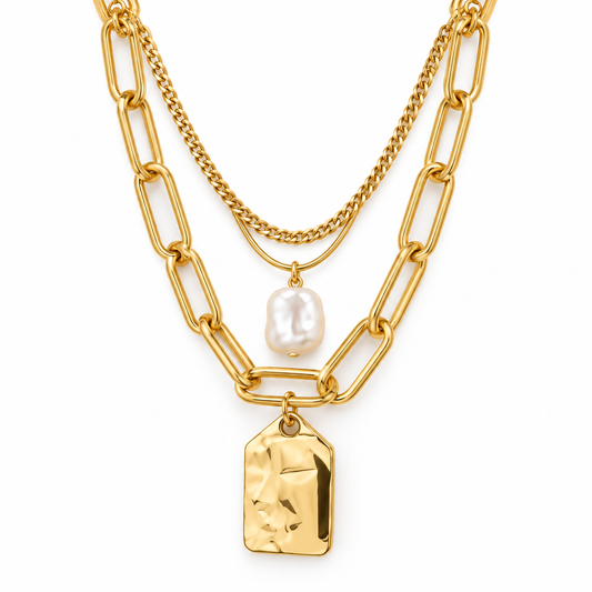 Luna Layered Gold Pearl Tag Necklace