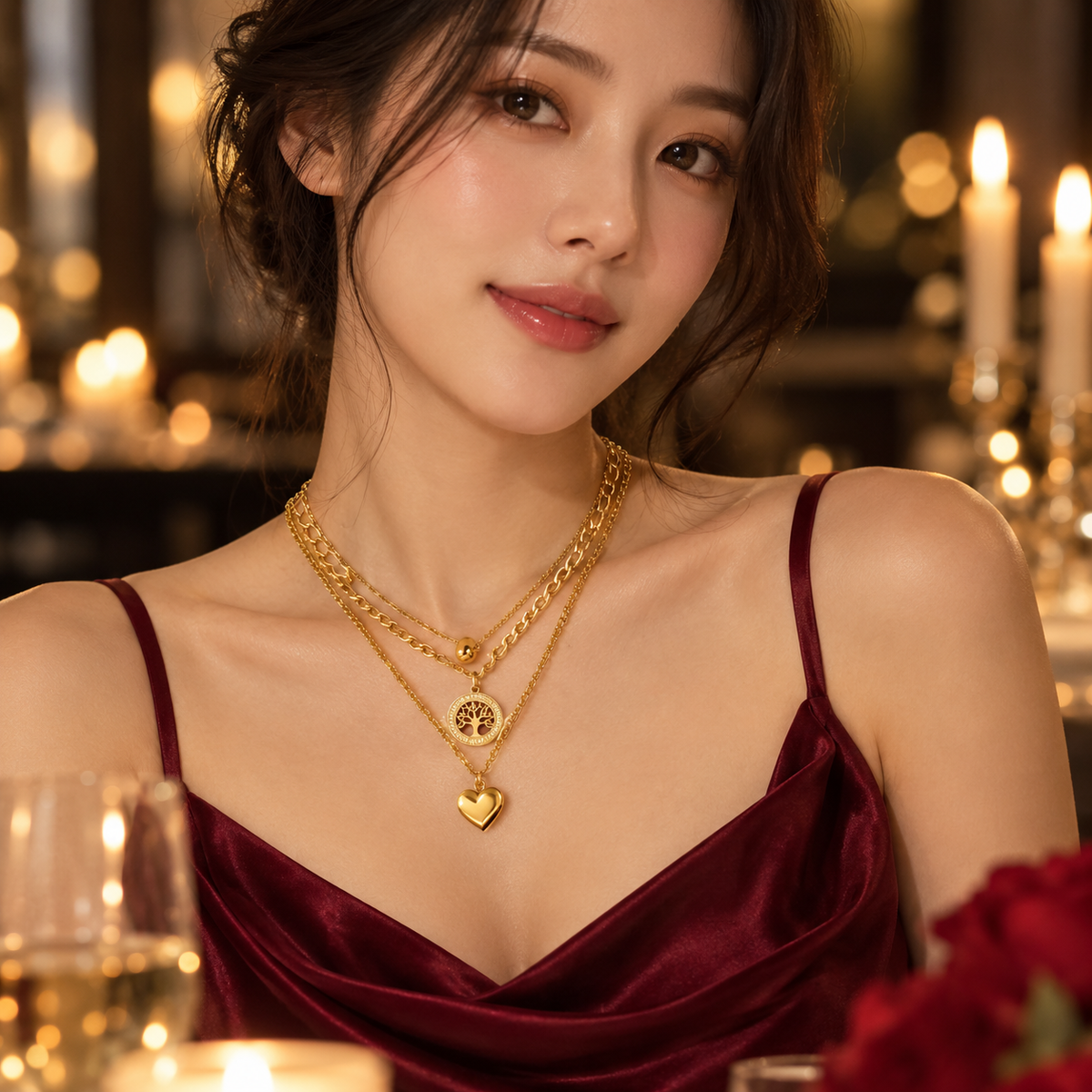 Elara Layered Tree & Heart Gold Necklace