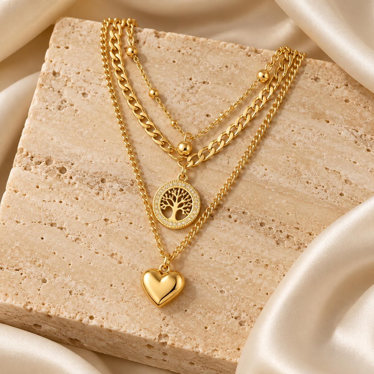 Elara Layered Tree &amp; Heart Gold Necklace